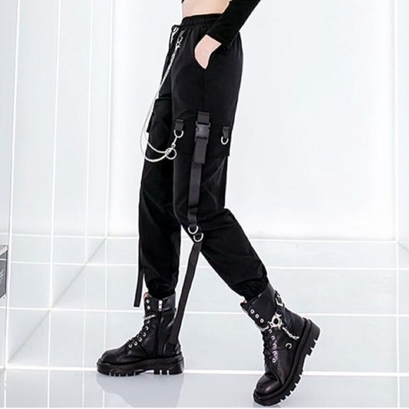 Cargo Pants L NWOT Loose Street Rock Casual Black Pants Chain Goth Black Emo - Picture 5 of 7
